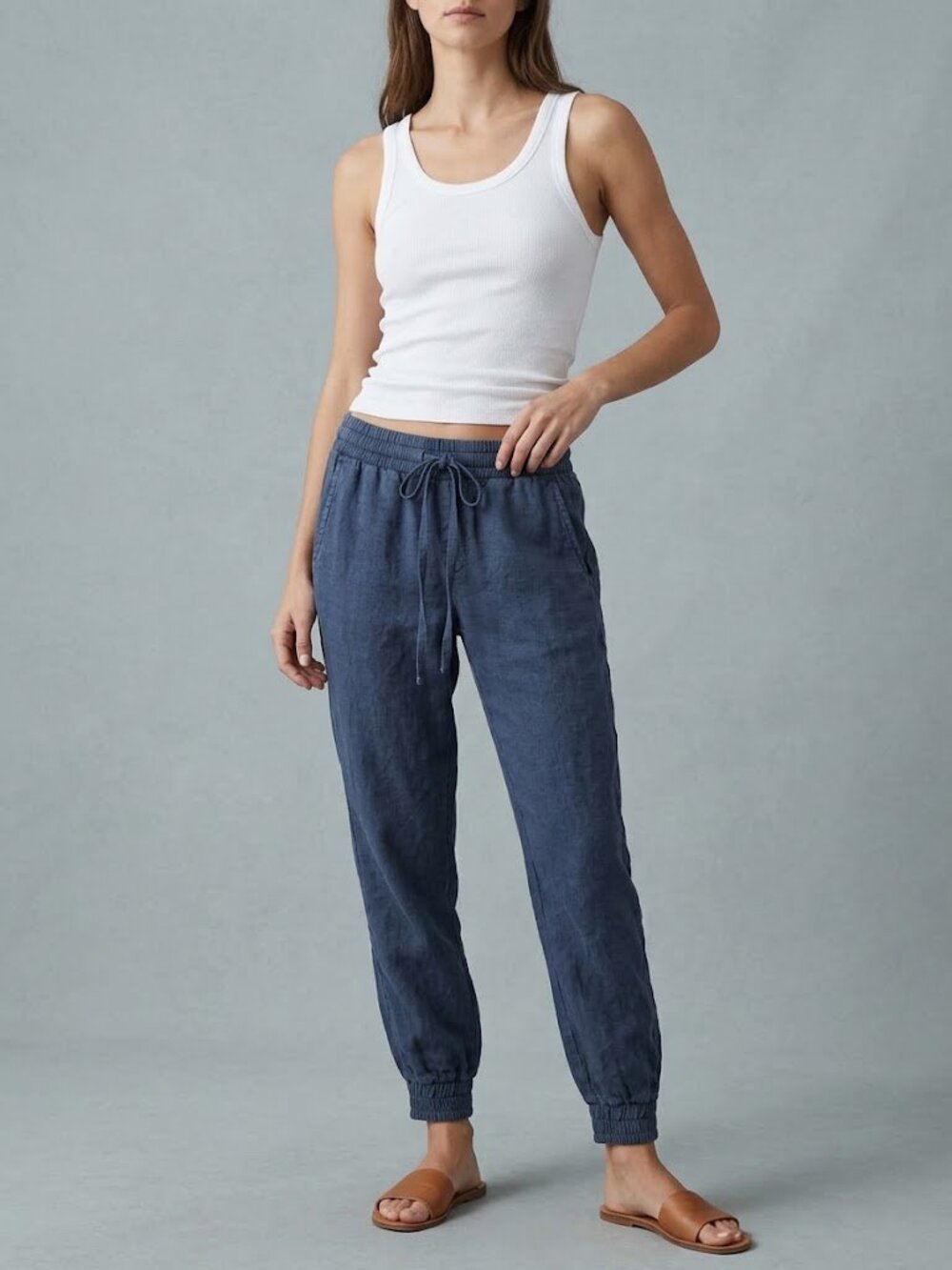 Anthropologie cloth & stone 100% Linen Joggers Navy Blue Drawstring Coastal XS